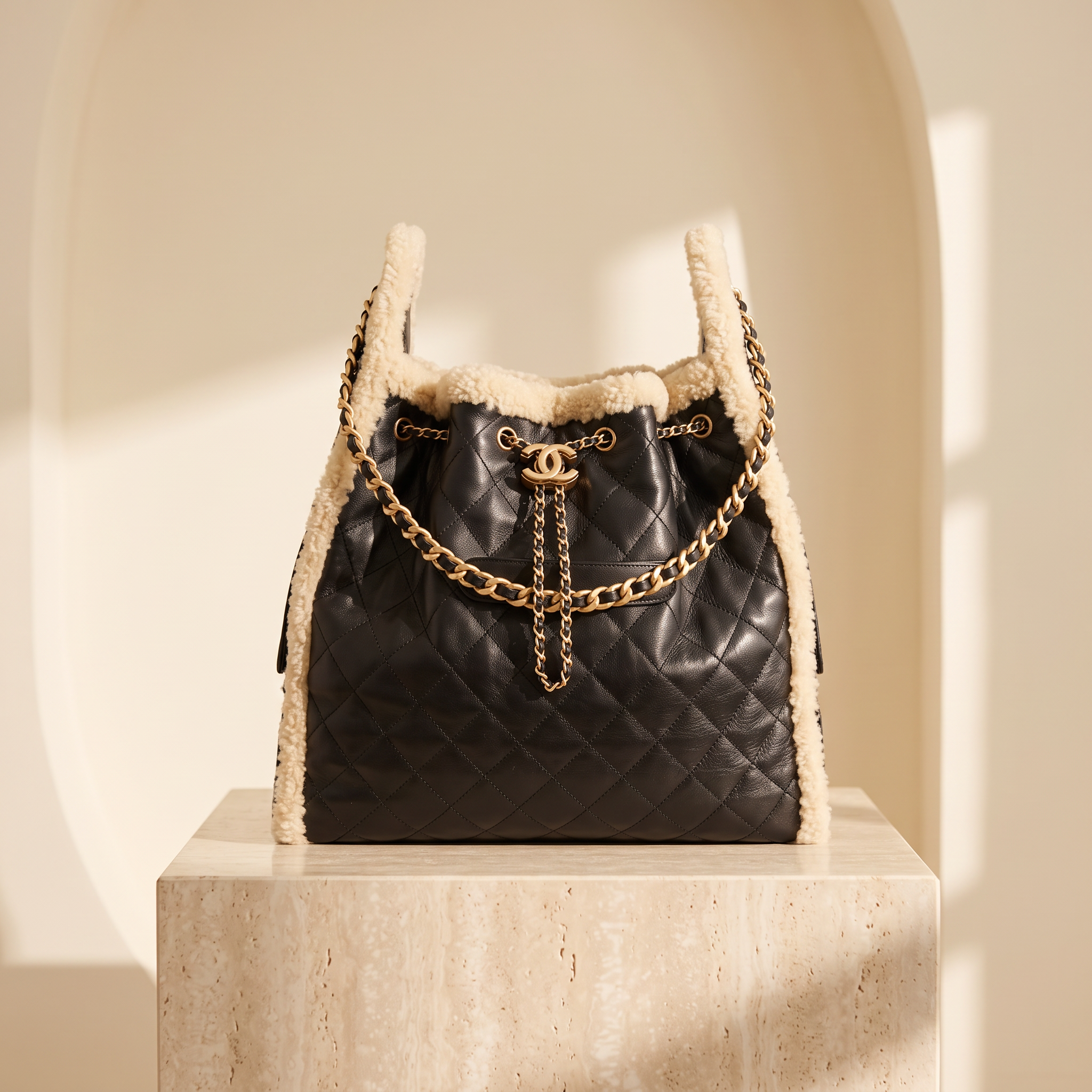 Chanel Large in Black and Cream lambswool drawstring hobo editorial front view