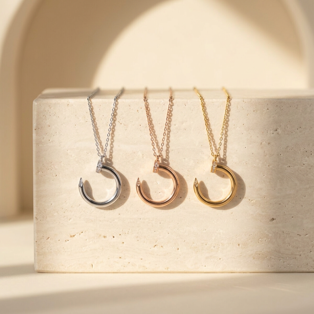 Nail motif pendant necklace shown in gold tone, silver tone and rose gold tone on a travertine pedestal