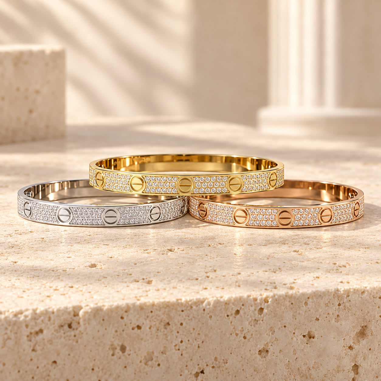 Three Love Pavé bangles in yellow, white and rose gold resting on a sunlit stone ledge
