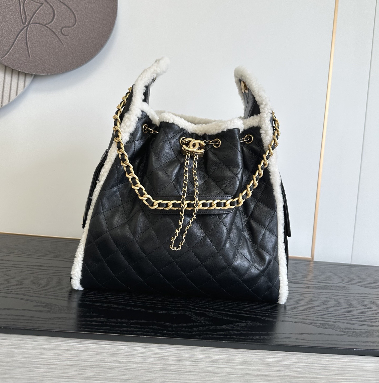 Chanel Large in Black and Cream front view with cream trim