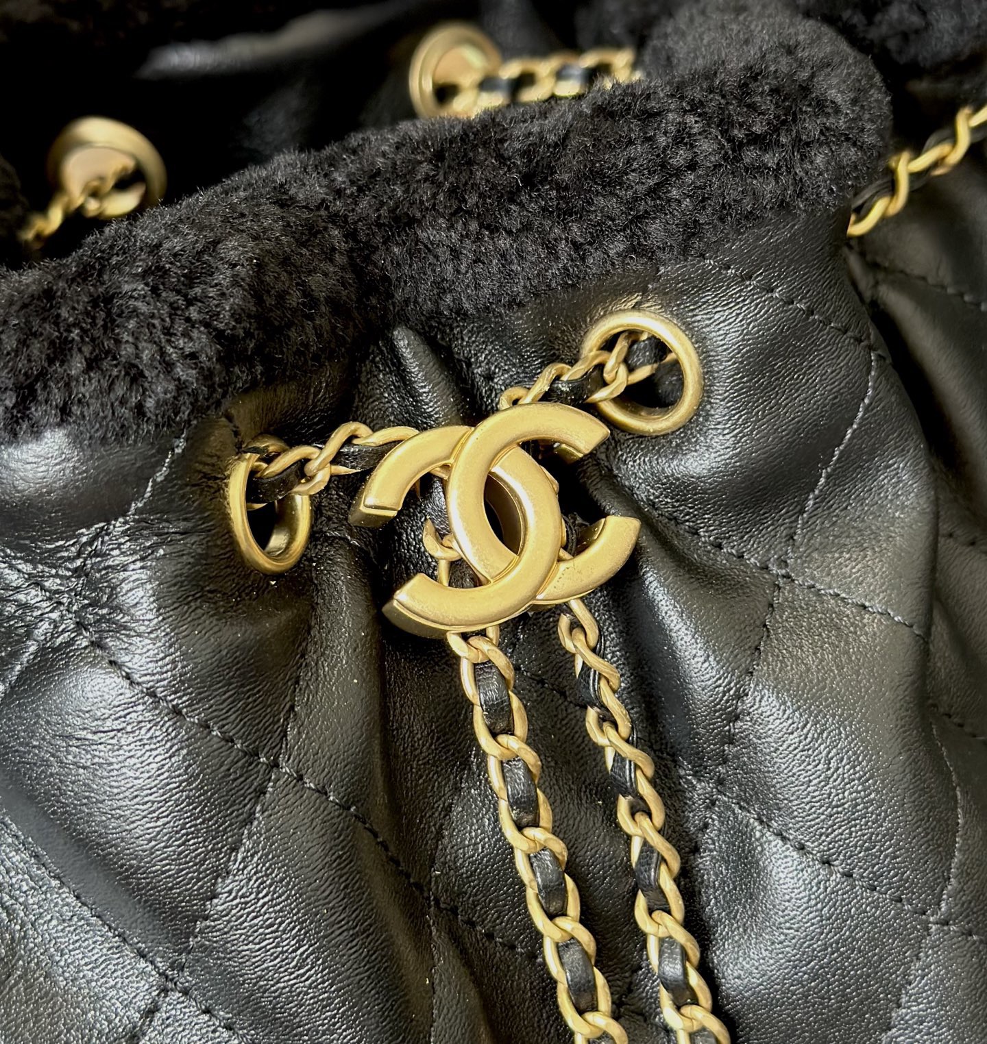 Chanel Small in Black drawstring hardware detail