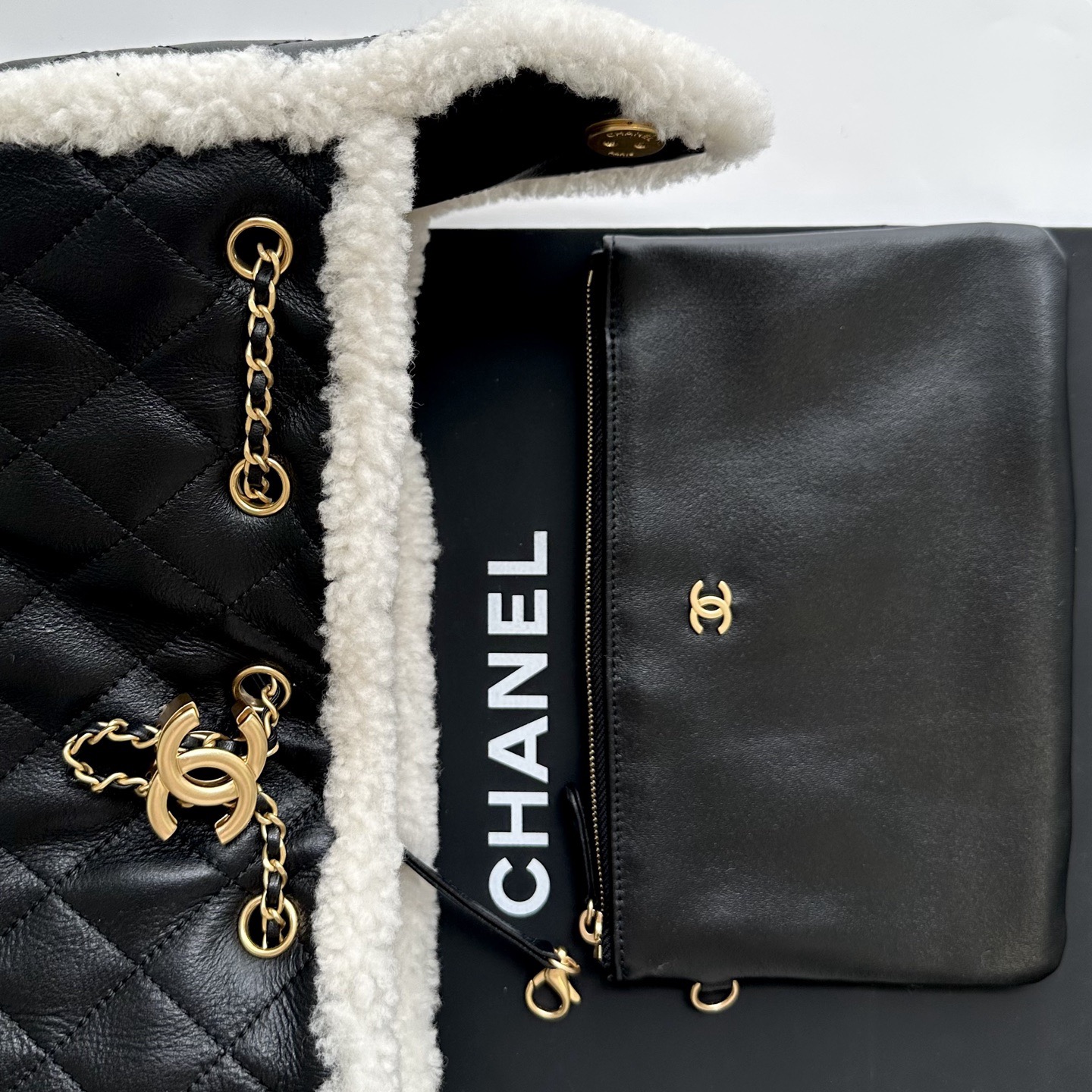 Chanel Large in Black and Cream pouch and hardware details with cream trim