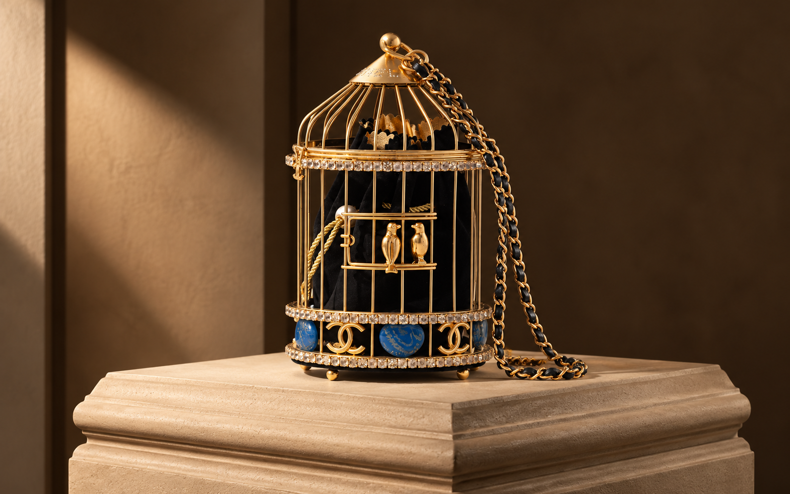A sculptural gold birdcage evening bag with black velvet and a chain strap on a stone pedestal