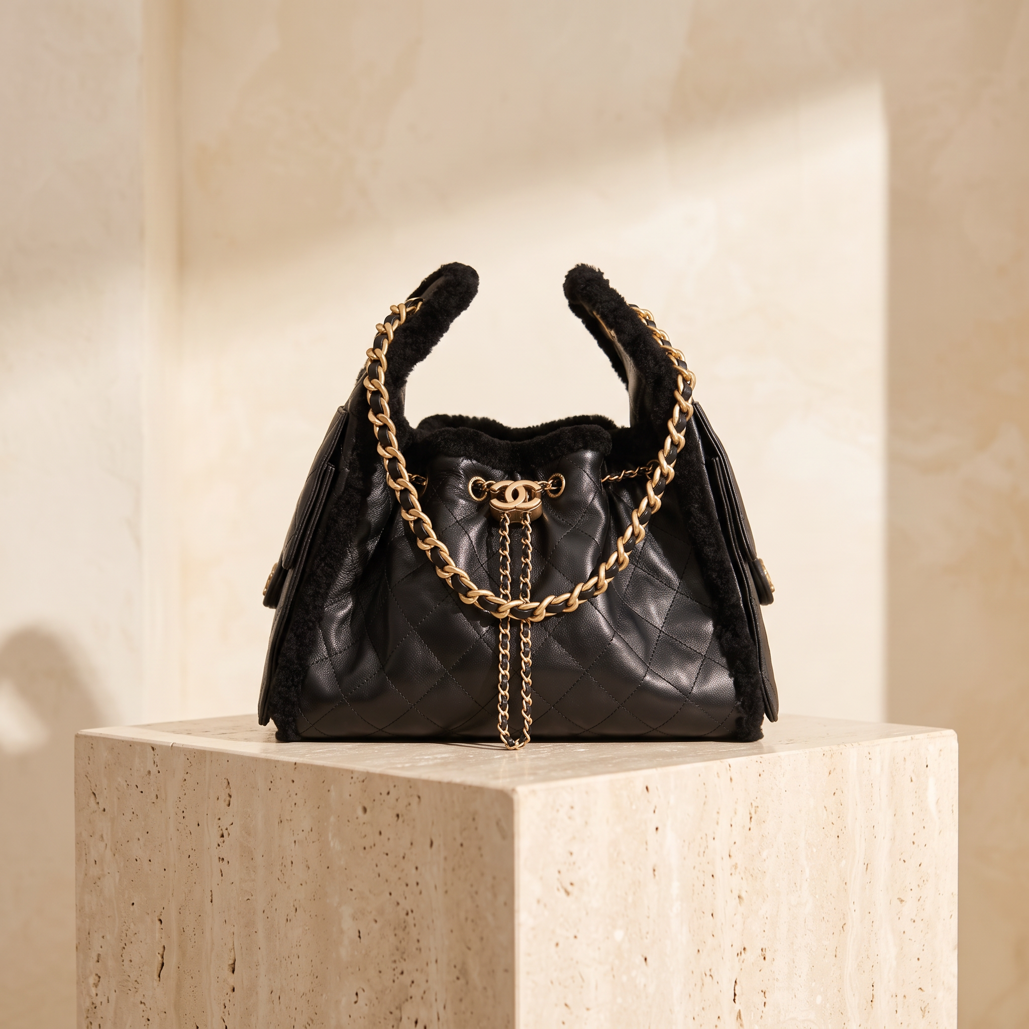 Chanel Small in Black lambswool drawstring hobo editorial front view