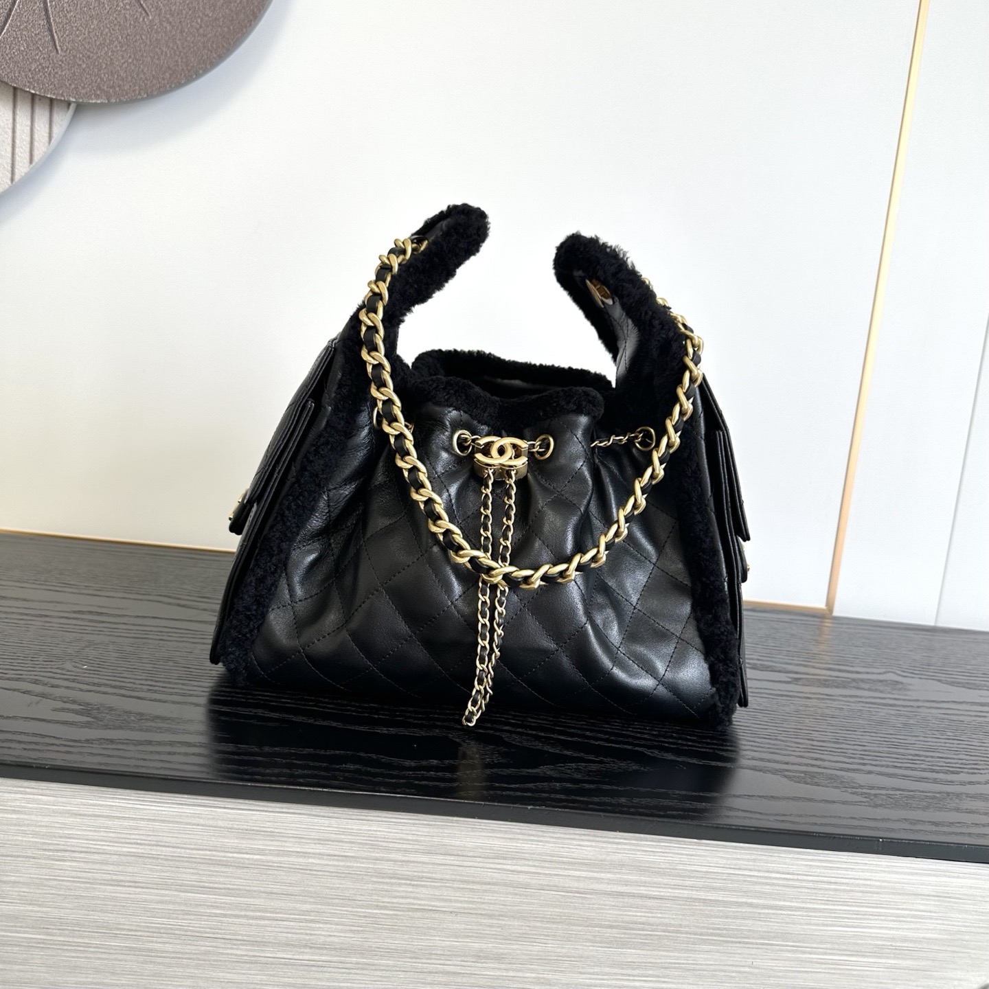Chanel Small in Black front drawstring view