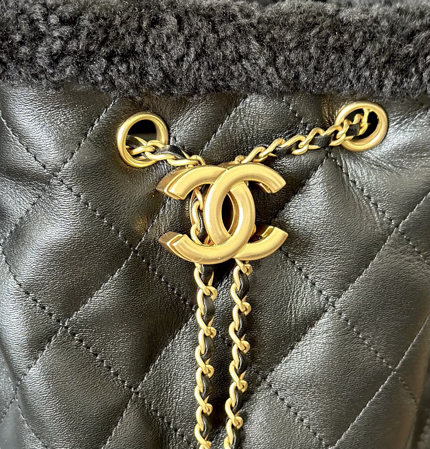 Chanel Large in Black and Cream drawstring hardware detail