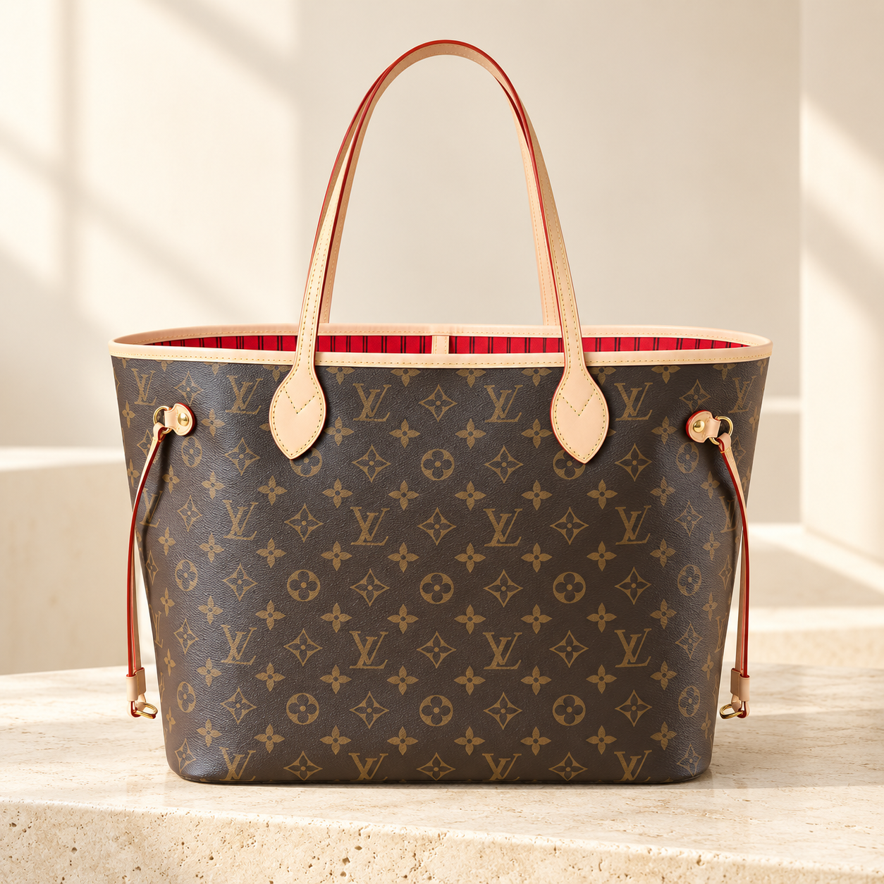 Neverfull MM in Monogram canvas with cherry interior, front view