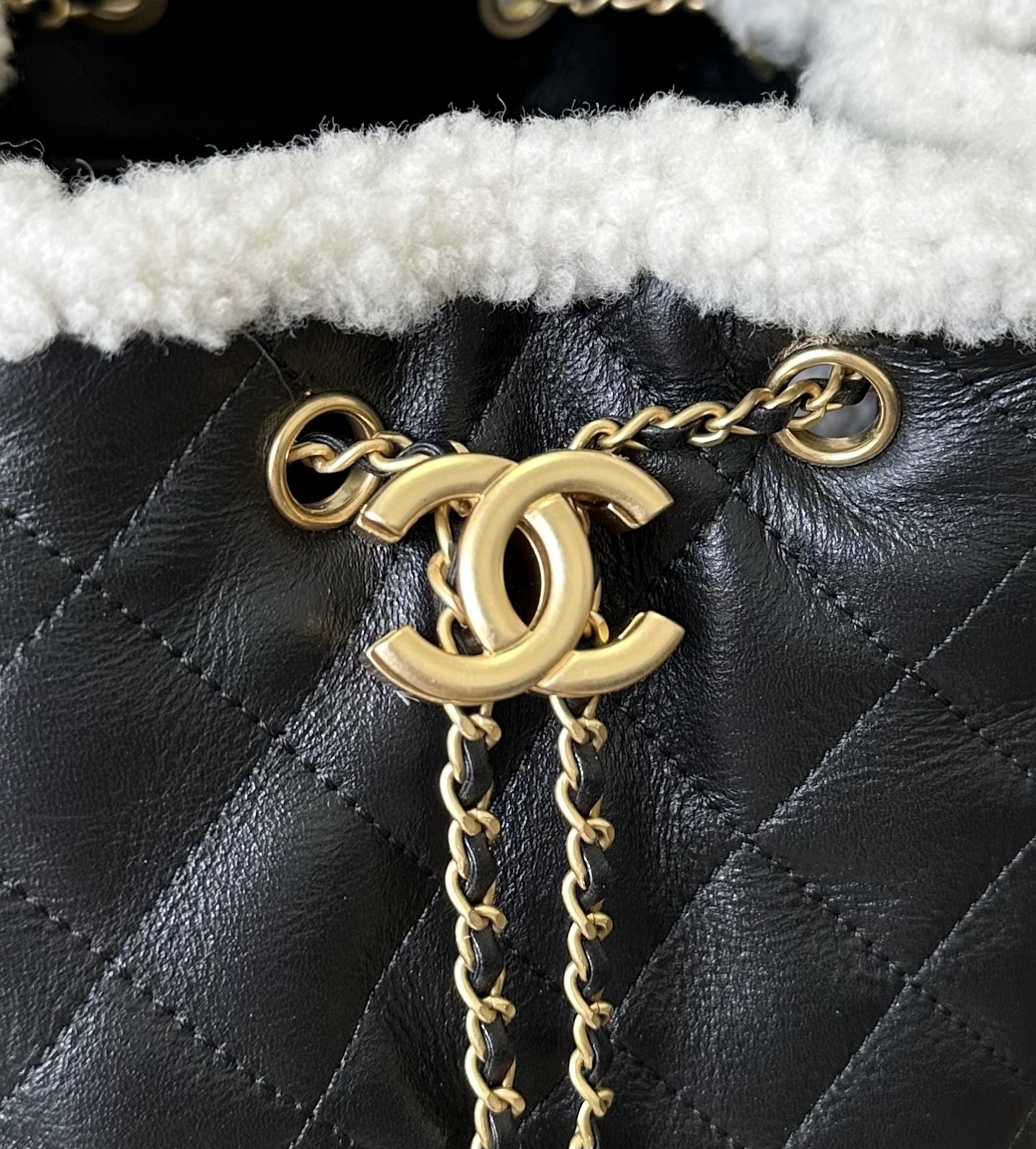 Chanel Large in Black and Cream drawstring hardware detail