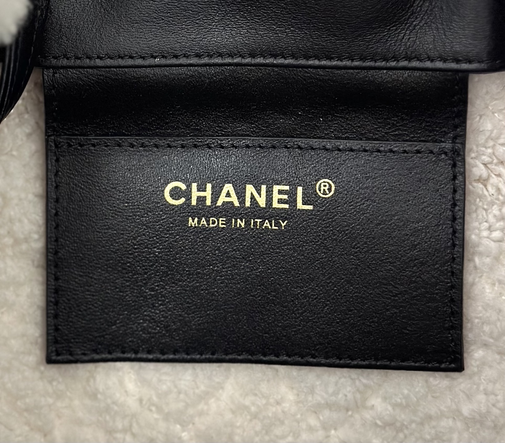 Chanel Large in Black and Cream interior brand stamp detail