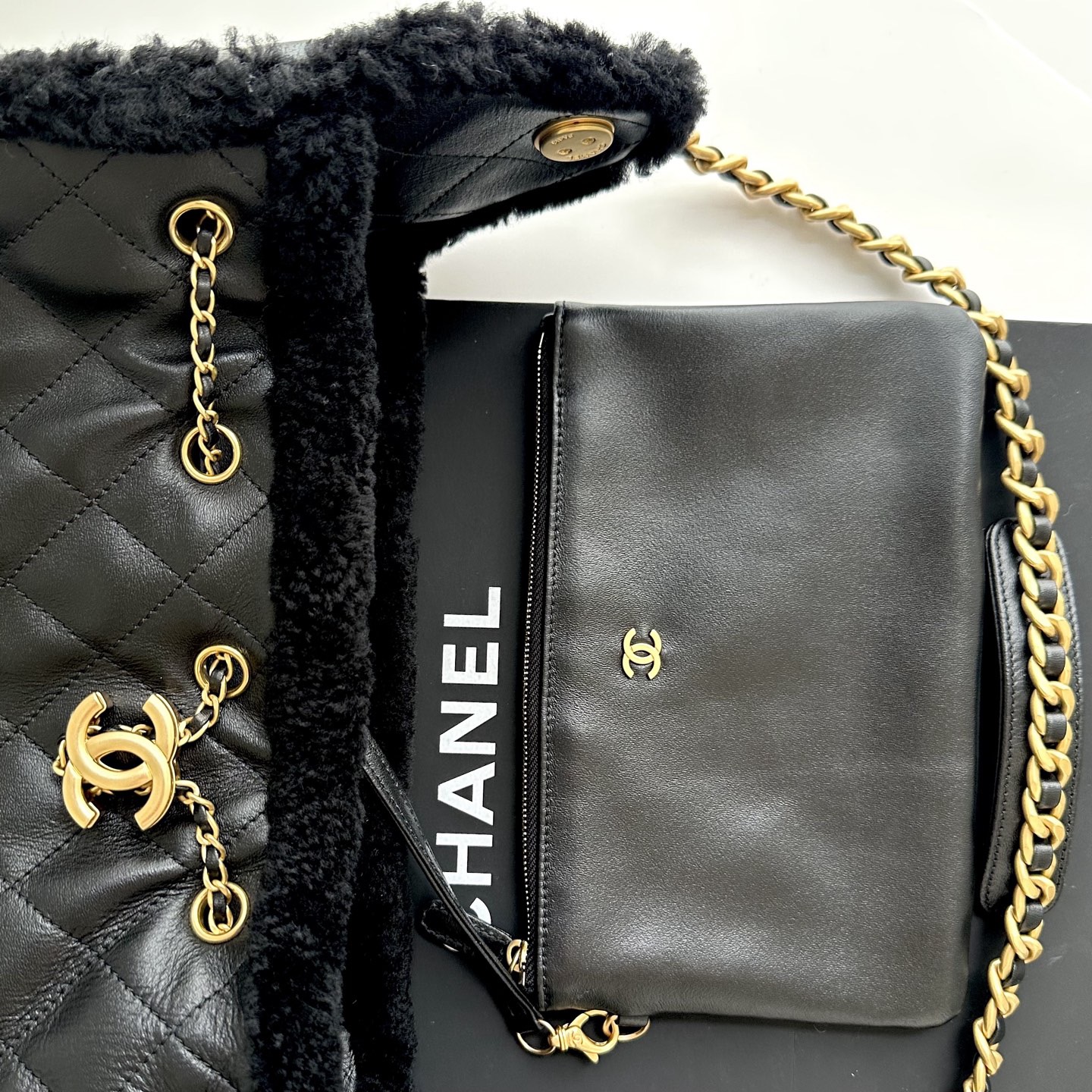 Chanel Large in Black and Cream pouch and hardware details