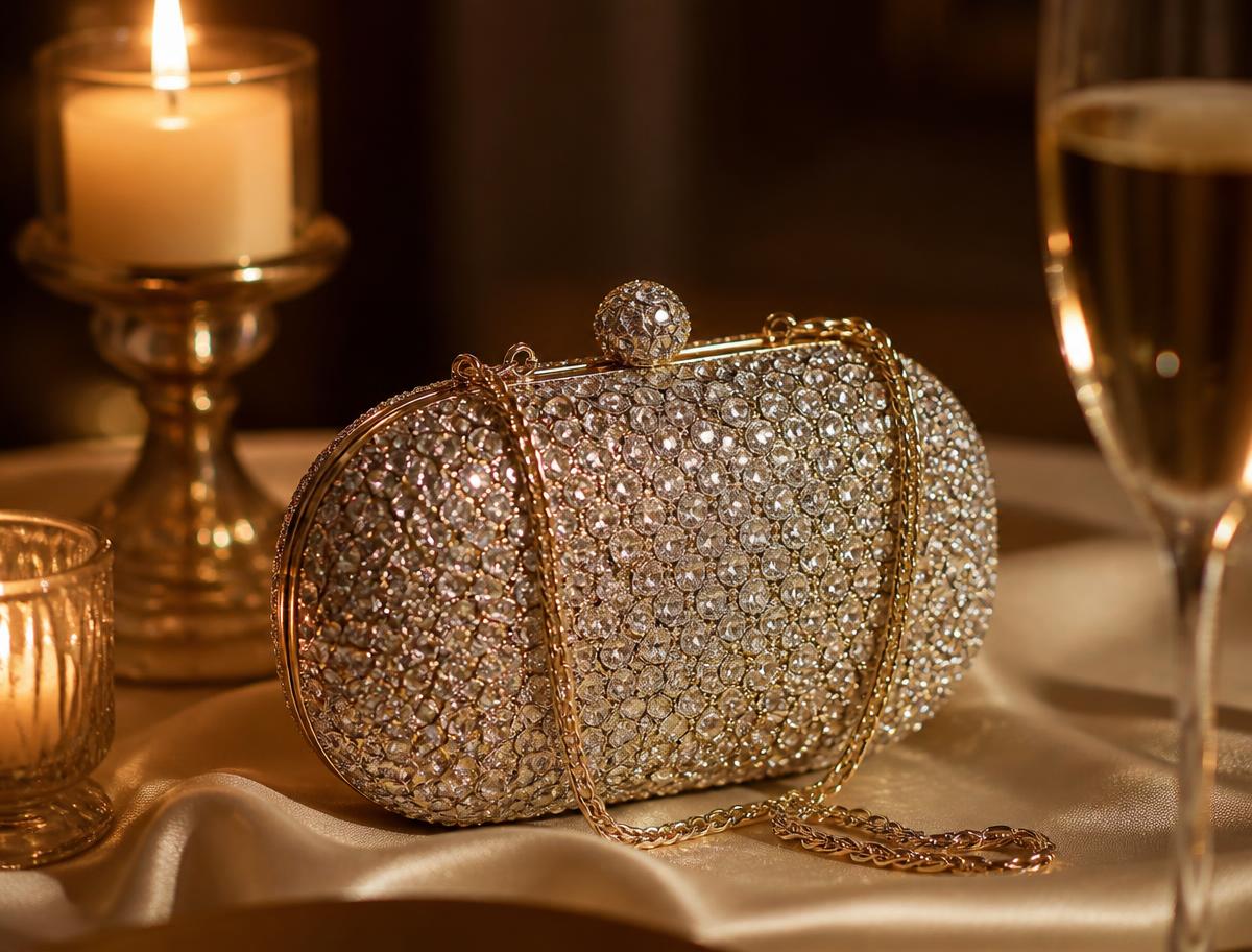A petite black evening handbag beside a champagne glass by candlelight