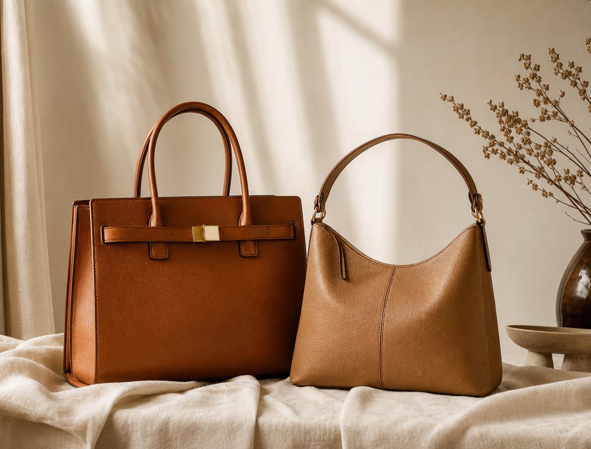 A caramel structured tote and a tan hobo bag arranged on warm ivory linen