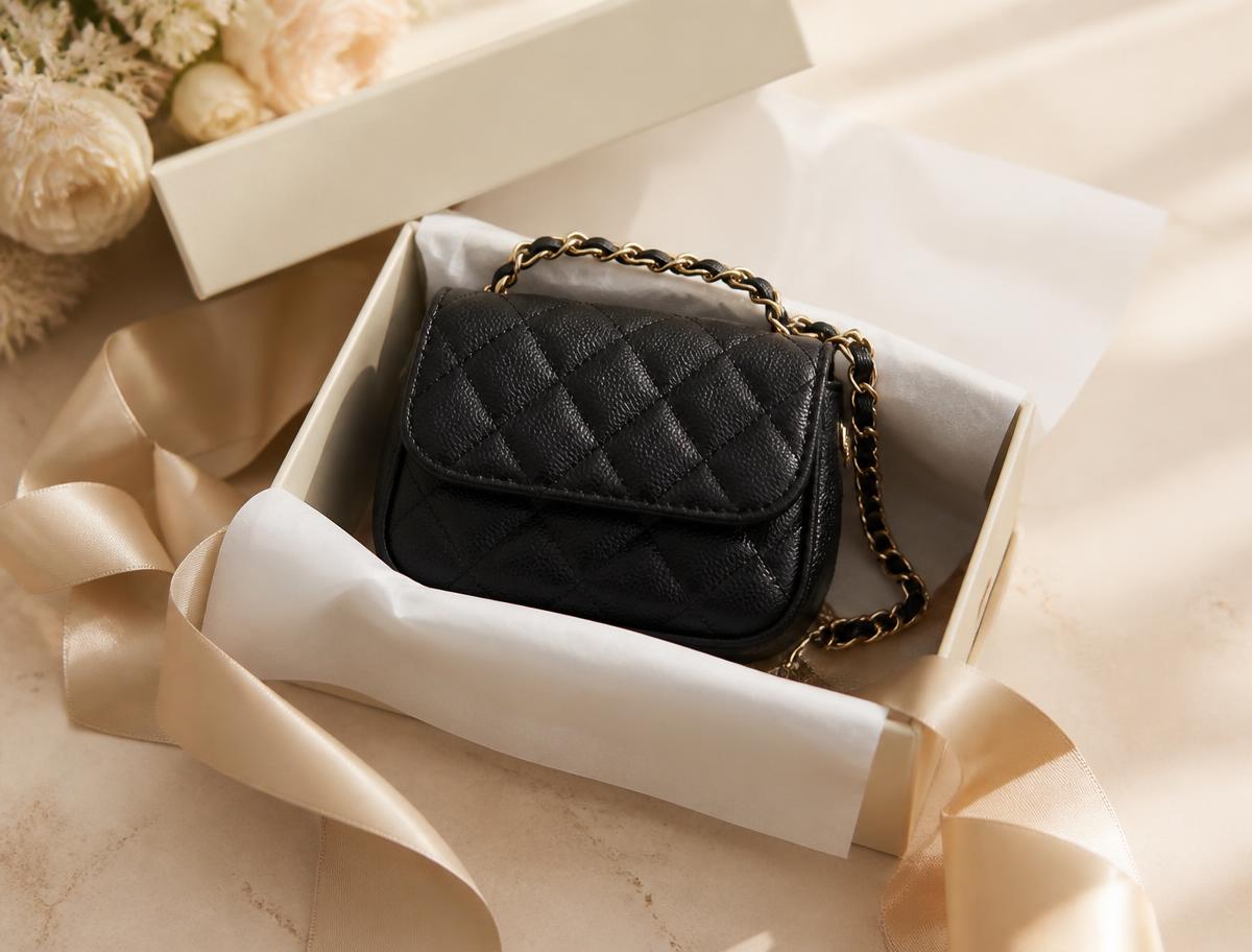 A small cream quilted handbag with a gold chain strap on an ivory pedestal