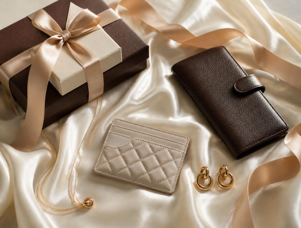A leather wallet, gold bracelet, and slim watch arranged on ivory silk