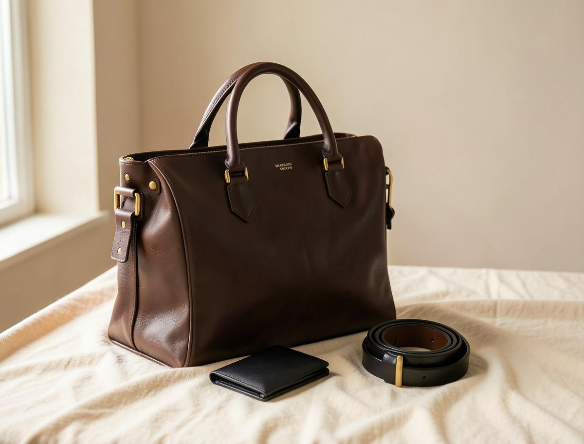 A chocolate brown leather briefcase with a black wallet and a coiled leather belt on warm ivory linen