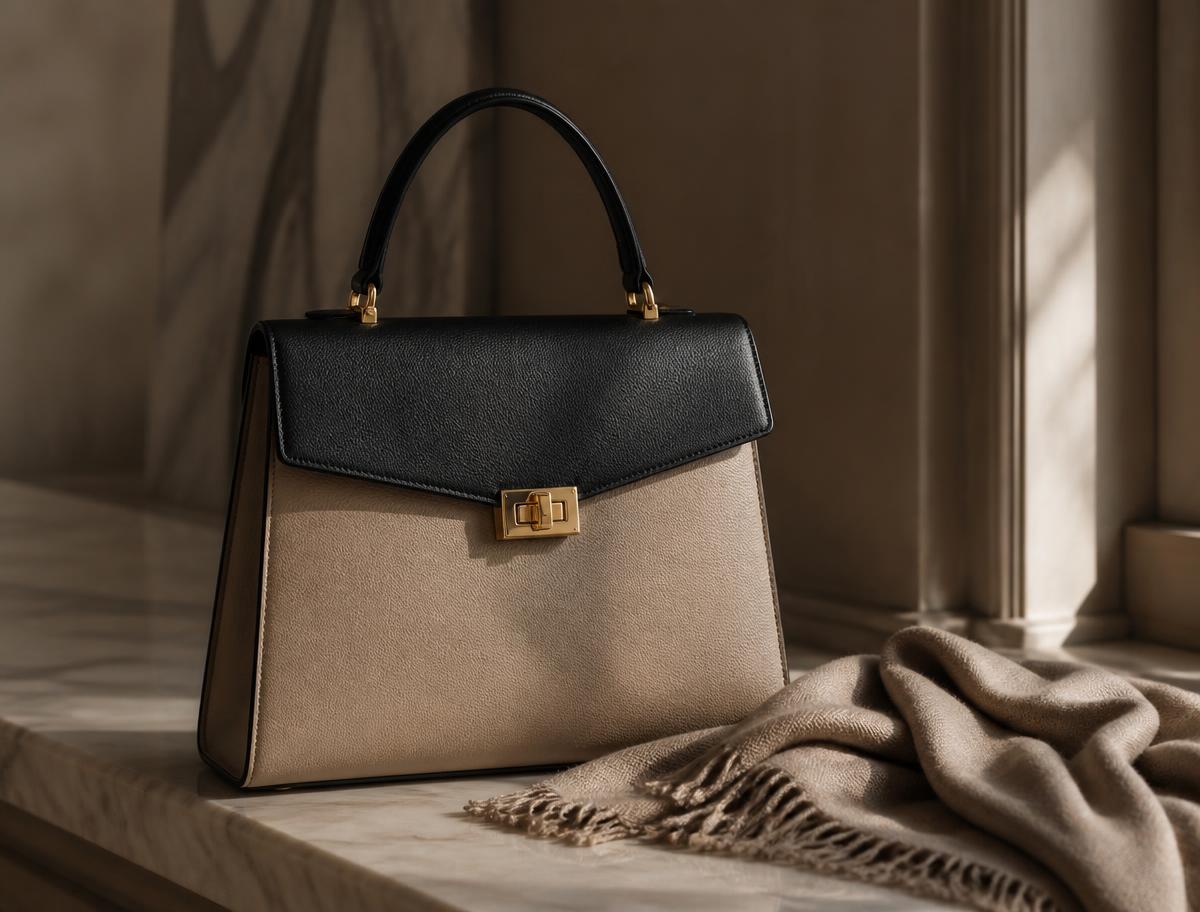 Three handbags in black, brown, and beige arranged on ivory linen